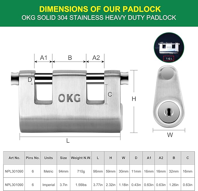 OKG Ultra Secure Stainless Steel Lock - Heavy Duty Solid Cast Padlock - 3 Keys, 2 Rods, 7/16" Shackle, Push Cylinder, Rust Proof Outdoor Lock - Combo Security Chain for 2-Wheeled Vehicle (No Chain)