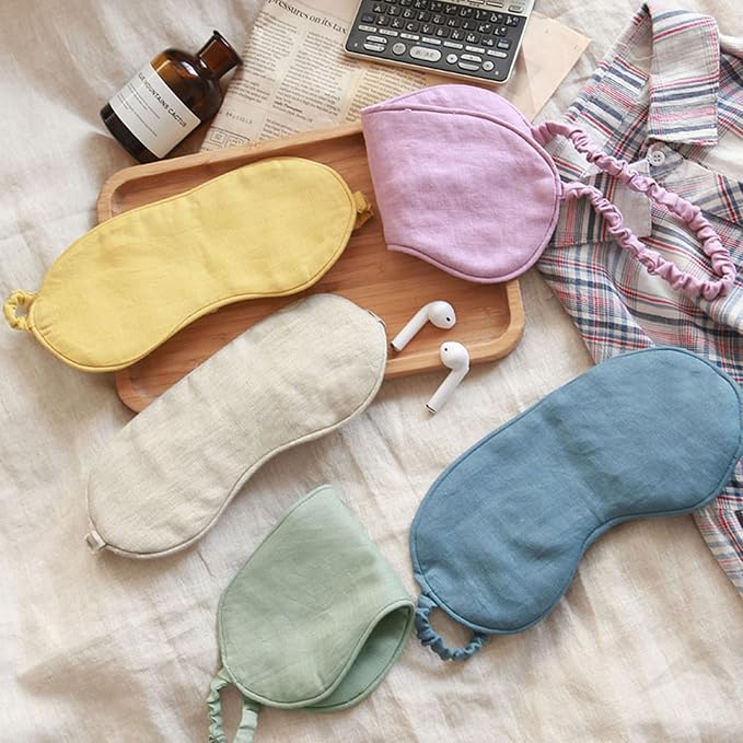100% Pure Linen Sleep Mask Blackout Eye Mask for Sleeping, Eye Cover with Adjustable Strap - Organic Cotton Core Linen Eyes Mask Breathable for Travel - Gift for Women Men (deciduous Yellow)