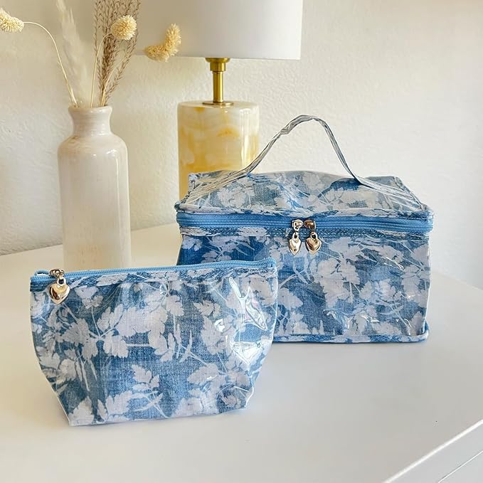 Jacaranda Living Small Cosmetic Bag - Water-Resistant, PVC-Lined, Compact & Travel Ready Make Up Bag, Easy to Clean - Floral Denim