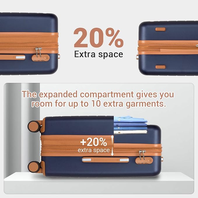 Kono Expandable 20 Inch Carry On Suitcase Airline Approved, Lightweight ABS+PC Hardshell Luggage with 360° Silent Spinner Wheels, Navy/Brown