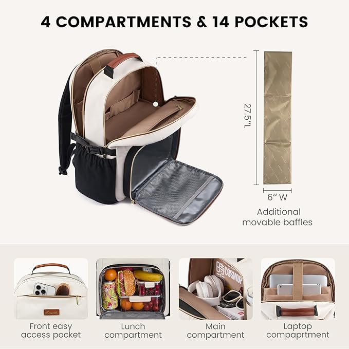 LOVEVOOK Lunch Backpack with Lunch Compartment,15.6 Inch Laptop Work Travel Insulated Cooler Backpack,Waterproof College Teacher Lunch Bag with Tumbler Holder,Gifts for Men Women,Beige-Nude-Logam plum