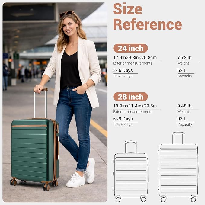 Kono 28 Inch Large Suitcase, Expandable for Long Trips, Impact-Resistant ABS+PC & Silent Wheels, Green
