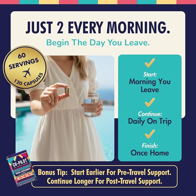 Supplement 2 Pack: Jet Lag Prevention + Ashwagandha, Rhodiola, D3+ for Immune Support, Energy, Digestive Health | Airplane Travel Essentials Multivitamin | Vegan | 120 Count
