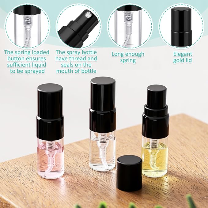 Zhehao 100 Pcs Mini Spray Bottles 2 ml Clear Glass Perfume Bottles Refillable Fine Mist Perfume Atomizer Portable Empty Sample Containers for Cleaning, Essential Oils, Travel (Black Cap)