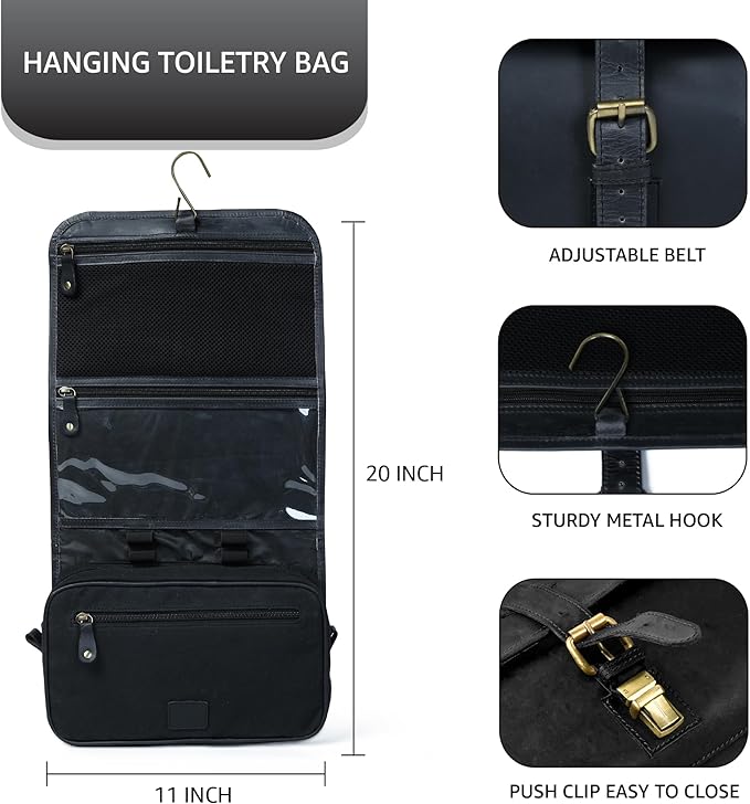 LEATHER VILLAGE Hanging Genuine Leather Toiletry Bag for Men & Women with Waterproof Lining – Handcrafted Vintage Travel Dopp Kit, Shaving Organizer & Shower Bathroom Essentials Case - Black