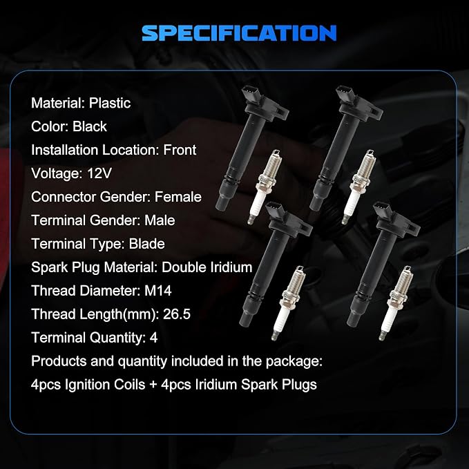 4PCS UF507 Ignition Coils + 4PCS 5018 Iridium Spark Plugs Ignition Coils Pack Fits for 2010-2017 Camry, 2011-2013 Sienna, 2009-2015 Venza 2.5L 2.7L 4.6L 5.7L, Coil Pack Set Aftermarket Parts