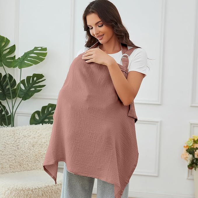 Muslin Nursing Cover for Baby Breastfeeding, Breathable 100% Cotton Breastfeeding Cover with Rigid Hoop for Mother Nursing Apron (Chestnut)