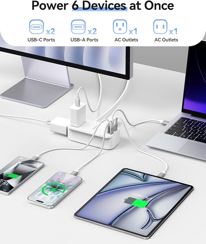 ORICO 100W GaN Power Strip for Laptop, 6 in 1 Multiple Outlets Extension Cord(2 AC Outlets, 2 USB-A, 2 USB-C Ports), 5ft Wrapped Flat Plug for Travel/Office ETL Listed