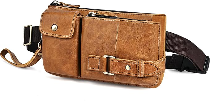 Water Resistant Canvas + Leather Hiking Riding Travel Fanny Waist Pack Small Phone Pouch For Men Women FB811-29 (100% Leather-The 8135 Light Brown)