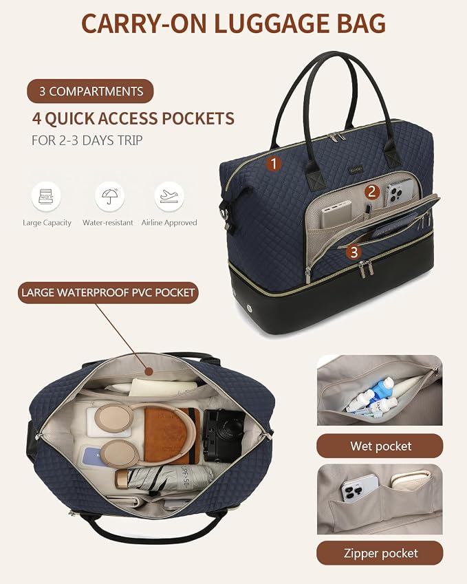 Weekender Bags for Women Travel, Under Seat Carry On Bags for Airplanes Overnight Bag with Shoe Compartment Luggage Sleeve, Foldie Travel Tote Bag Hospital Bag, Travel Gifts, Navy Black