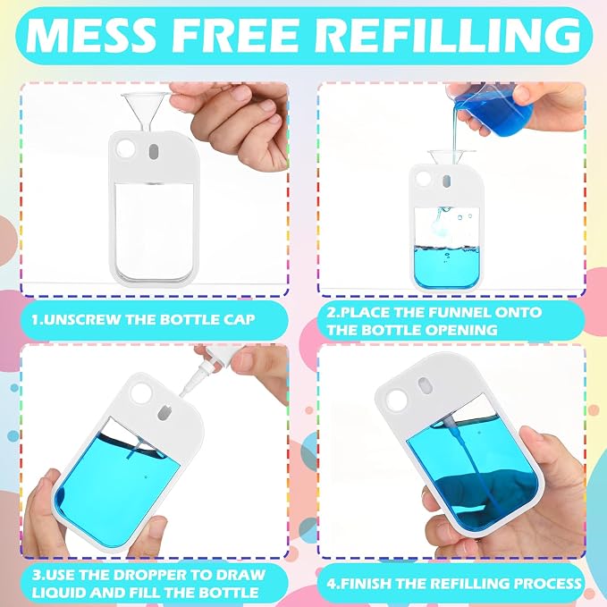 Rtteri 50 Pcs Empty Hand Sanitizer Spray Bottle Travel Size Mini Hand Sanitizer Rubber Lanyard Portable Refillable Perfume Bottle Funnel Dropper for Purse Backpack Party Favor (White,40 ml,Rect)