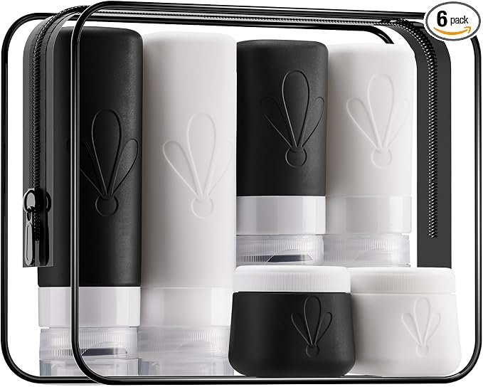 INSFIT travel bottles for toiletries 6 Pack, Leak proof Travel Size Toiletries Containers with toiletry bag, Squeezable Silicone Bottles & Cream Jars, Travel Essentials BPA-Free set for Shampoo