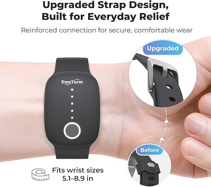 EmeTerm Fashion FDA-Cleared Relieve Nausea Electrode Stimulator Morning Sickness Motion Travel Sickness Vomit Relief Rechargeable No Gel Drug Free Wristbands Without Side Effects (2 Pack)