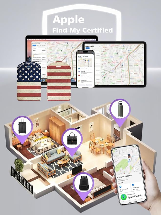 Luggage Tag Built-in Anti-Loss Tracker & Luxury Leather(US Flag) | for Suitcase, Travel Bags, Backpacks, Travel Organizer for Lost Baggage Prevention