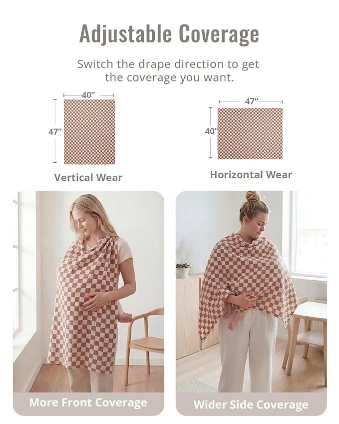 Blissful Diary Muslin Multi-Use Cloth - 4-in-1 Privacy Nursing Cover, Swaddle Blanket, Car Seat Cover, Burp Cloth, Portable Breastfeeding Essentials for Women, Baby Must Have (Brown Checkboard)