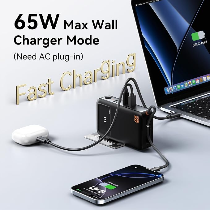 Portable Charger Wall Plug 65W for Laptop, 10000mAh Power Bank Built in Cable, USB-C Phone Battery Pack 35W Fast Charging, Travel Essentials Compatible with iPhone 17 16 15 Samsung iPad MacBook Pro