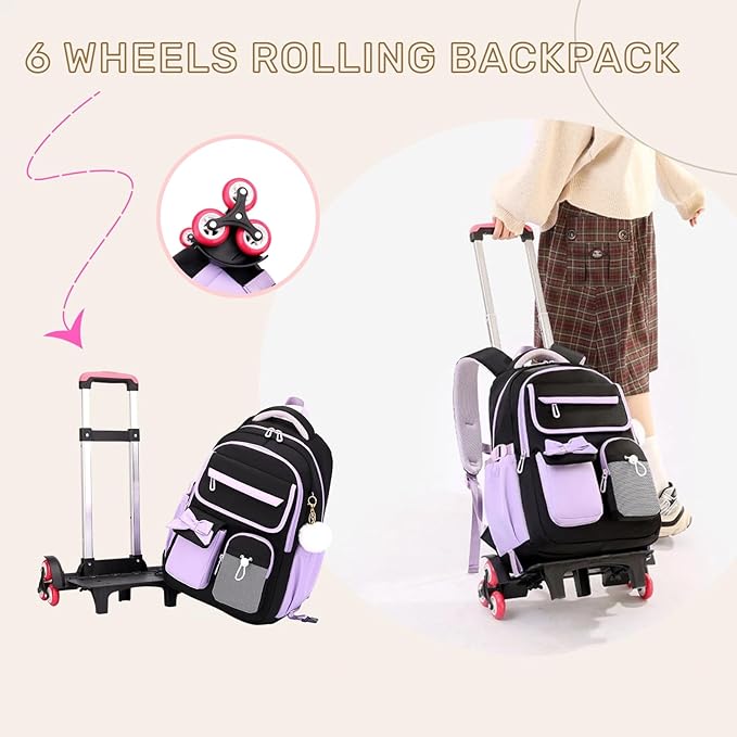 Rolling Backpack for Girls Kids Trolley Rolling School Bag Wheeled Backpack for Elementary School Roller Bookbags on 6 Wheels, Black Purple