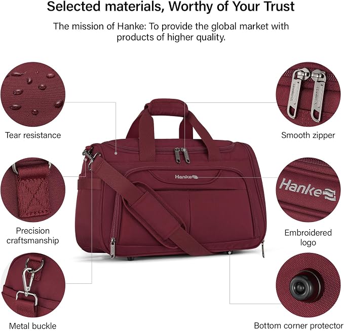 Hanke Carry On luggage Bags for Travel, Large Foldable Duffle Bag for Travel, Softside Lightweight Travel Bag Carry On Bags for Airplanes Women, Travel Tote Bags for Women Men.（Burgundy）