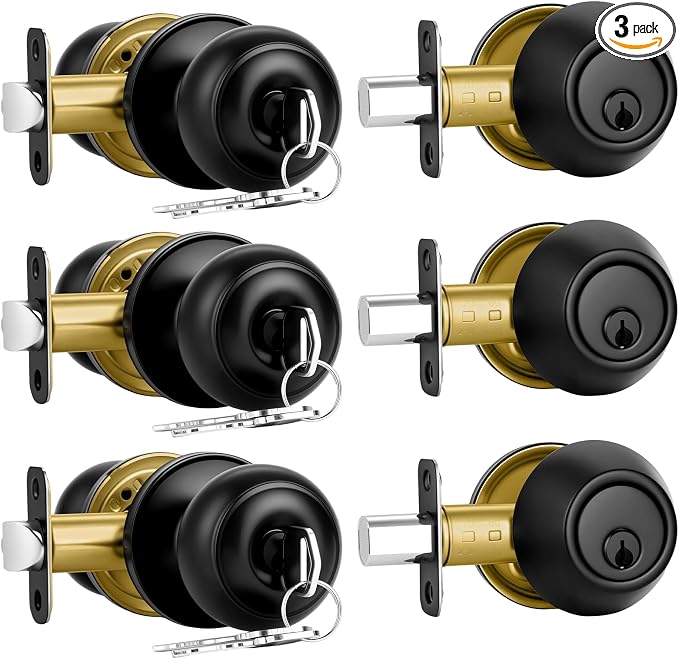 Plustool 3 Pack Front Door Lock Set Matte Black,Exterior Door Lock Set with Deadbolt,Single Cylinder Deadbolt Lock and Door Knob Set,Keyed Alike Door Knobs with Lock&Keys,Round Ball Entry Door Lockset
