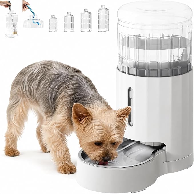 CZPET Dog Water Bowl Dispenser 4L, Wider Mouth & Upgraded Brush for Easy Cleaning Automatic Cat Gravity Refilling Waterer with Removable Stainless Steel Bowl, Large Drinking Area for Multi-Pet (White)