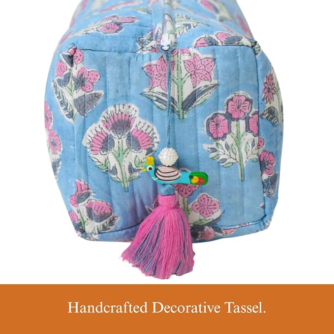 Saffron Marigold Quilted Makeup Bag Set of 3, Hand Block Printed Cotton Cosmetic Bags for Women, Waterproof Lined Travel Toiletry Bag, Coquette Floral Aesthetic, Handmade Gift, Denim Rose
