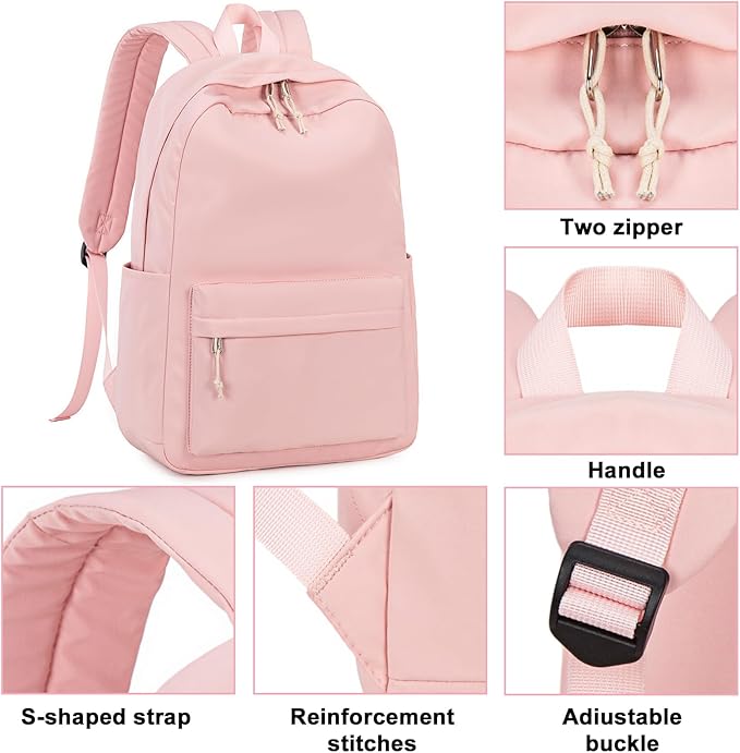 LOIDOU Backpack for Girls School Backpacks Bookbags for Elementary Middle School Women Laptop Backpacks (Solid Pink, L-17)