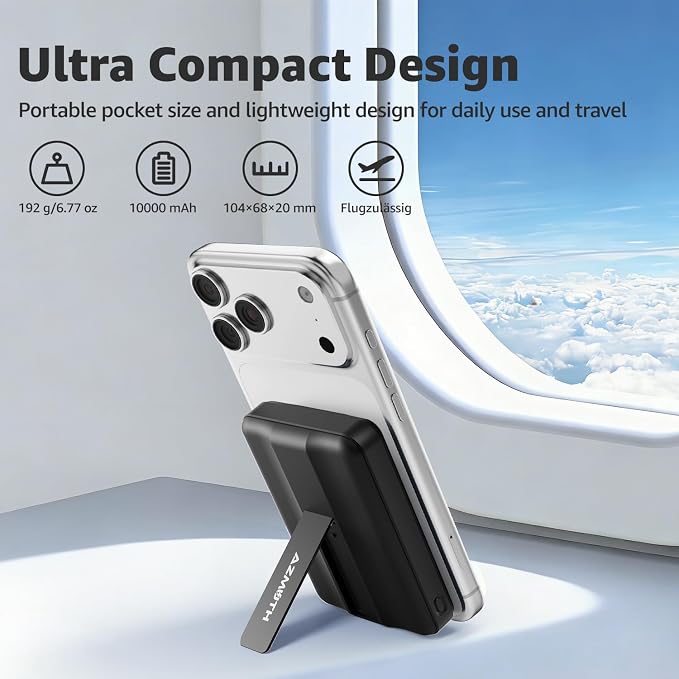 Azmuth Magnetic Power Bank,10000mAh for MagSafe Battery Pack, 22.5W PD Fast Charging,LED Display & Foldable Stand Wireless Portable Charger for iPhone 17/16/15/14/13/12/Pro/Pro Max/Plus,Deep Black