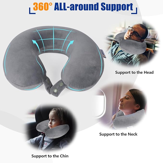 SAIREIDER Travel Pillows for Sleeping Airplane 100% Pure Memory Foam Neck Pillow for Airplanes Washable Cover(Grey)