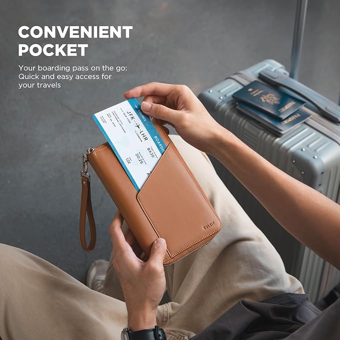 VULKIT Family Passport Holder for 4 Passports - RFID Blocking Travel Wallet Holds Up to 5, Organizer with 4 Slots for Cards & SIM, Secure Zipper Closure, Family Travel Essentials (Brown)