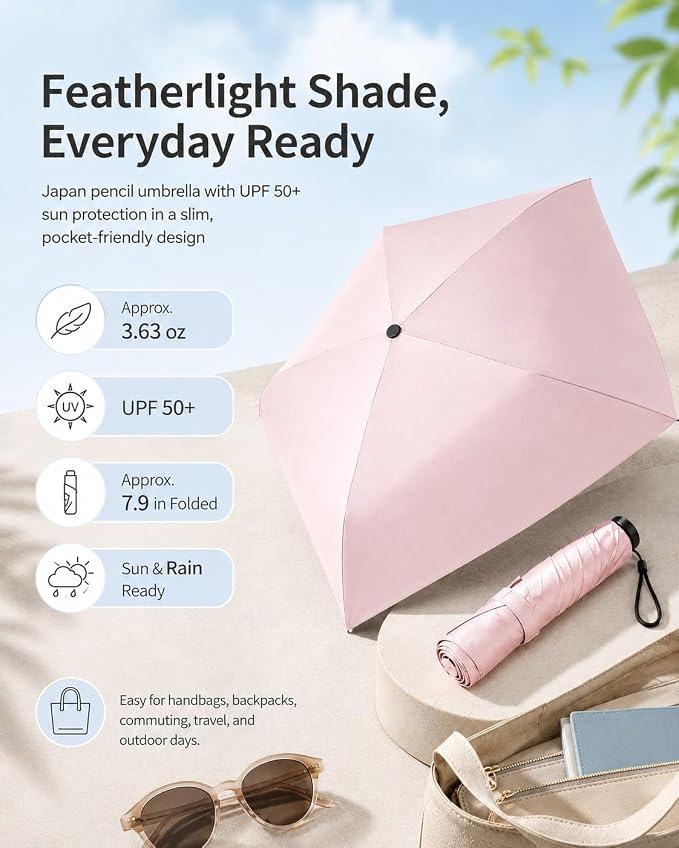 Japan Pencil Umbrella, Japanese Ultra Light Mini Travel Umbrella with Upf 50+ Sun Protection, Compact Folding Pocket Parasol for Rain, Backpack, Handbag, Commute, Beach, Hiking, Outdoor Use
