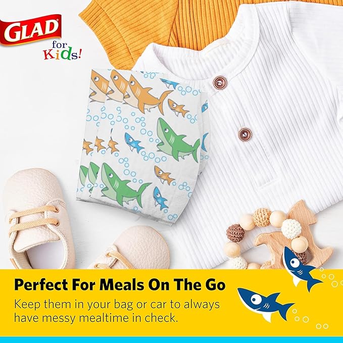 Glad for Kids Shark Disposable Paper Bibs with Crumb Catcher Pocket, Absorbent Leakproof Design, 30 Count, 24 Pack