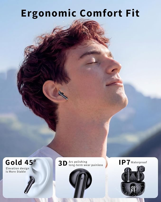 Wireless Earbuds, 2026 Bluetooth 5.4 Headphones Bass Stereo Ear Buds with Noise Cancelling Mic, LED Display in Ear Earphones 50H Playtime Ear Buds, IP7 Waterproof for Laptop Pad Phones, Pure Black