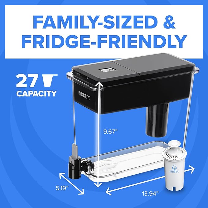Brita Extra-Large 27-Cup Water Filter Dispenser with Standard Filter, WQA NSF/ANSI Certified, Removes Chlorine Taste & Odor, Reduces Zinc Copper & Mercury, BPA-Free, 1 Filter Included, Lasts 2 Months