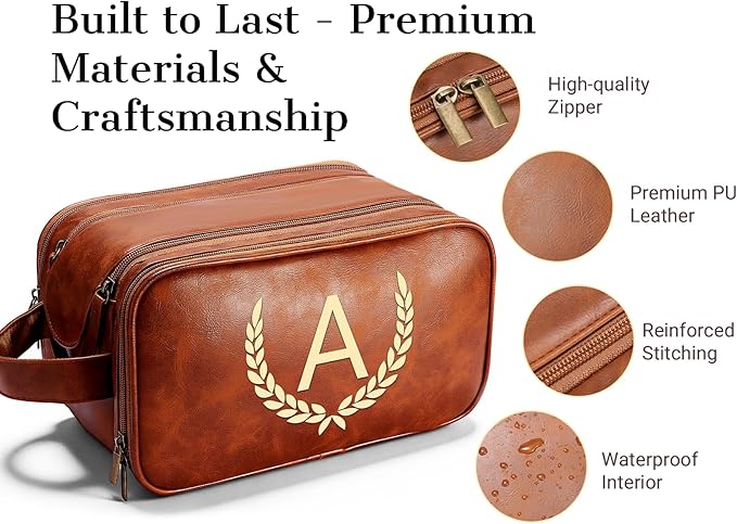 OXYEFEI Personalized Gifts for Men, Personalized Large Toiletry Bag for Men,Custom PU Leather Waterproof Mens Toiletry Travel with Initial Essential Dopp Kit Shaving Bag (D, Light Brown)