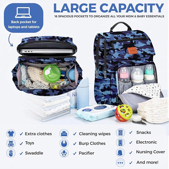PILLANI Baby Diaper Bag Backpack - Large Bag for Boys & Girls, Waterproof Diaper Backpack - Travel Diaper Bags w/Changing Pad, Baby Registry Search & Shower Gifts - Essentials Must Haves Newborn Stuff