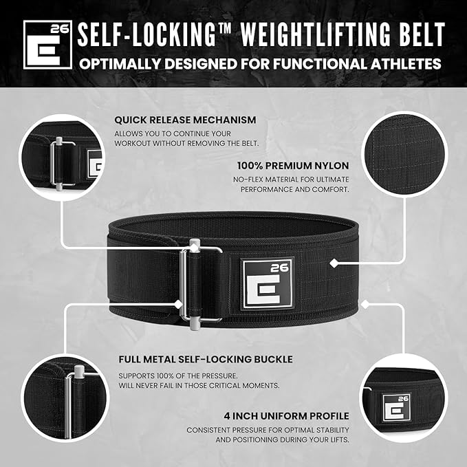 Element 26 Self-Locking Weight Lifting Belt - 4-Inch Nylon Support for Men and Women - Squat and Deadlift - Gym Training