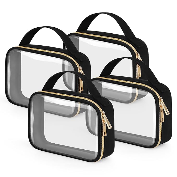Wedama TSA Approved Toiletry Bag, 4 Pack Clear Makeup Bags with Handles, Quart Size Toiletry Bags, PVC Clear Cosmetic Bags for Women and Men, Carry on Airport Airline Compliant Bag, Black