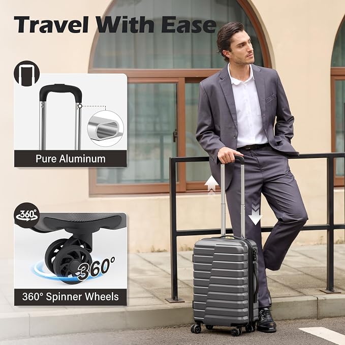 Coolife Carry On Luggage Airline Approved with Spinner Wheels, Hard Shell Suitcase TSA Lock Lightweight Travel Luggage 20-inch,Gray