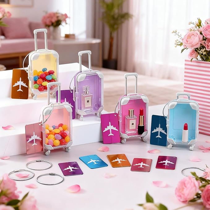 Teecyhooo 10 Pcs Mini Suitcase Party Favor Boxes and 10 Pcs Metal Luggage Tags with Card Clear Mini Luggage Gift Boxe for Girls Wedding Travel Birthdays Bachelorette (6.5 x 2.8 x 1.4 Inch, Multicolor)