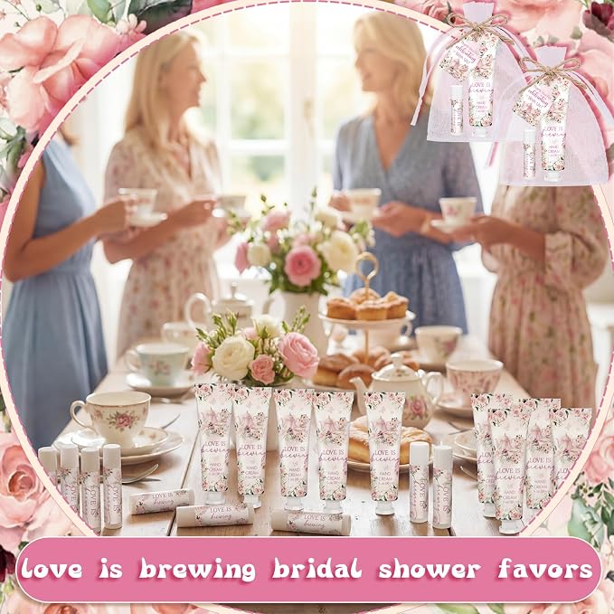 Loopeer 30 Sets Love Is Brewing Bridal Shower Hand Cream and Lip Balm Gift Bridal Shower Party Favors Thank You Gift for Guest Travel Size Wedding Party Supplies (Pink Floral)