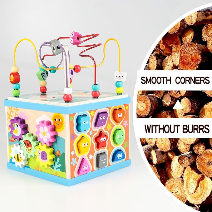 Qilay Wooden Activity Cube for Toddlers, 5 in 1 Multipurpose Abacus Early Educational Montessori Toys, Learning Toys for Kids | Bead Maze, Great for Boys Girls