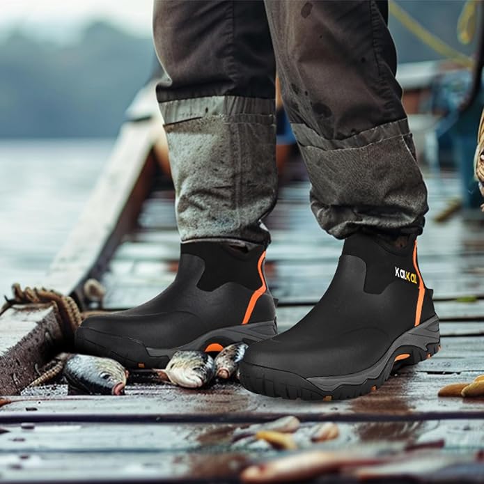 Kalkal Men's Rubber Boots, Waterproof Ankle Rain Boots, Insulated Working Booties with Comfortable Sports Sole, Outdoor Mud Boots for Yard Chore