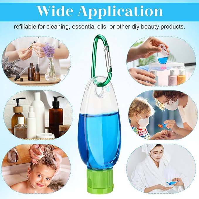 Yalikop 100 Pcs Traveling Bottles with Keychain 1oz Clear Plastic Keychain Bottle Leakproof Refillable Keyring Container Liquid Packing Container Portable Bottle with Colorful Lids for Liquid Cream