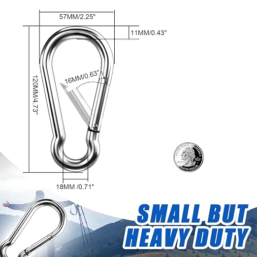 Large Carabiner Clip Hooks, 6pcs 4.7 inch Carabiners Heavy Duty, 304 Stainless Steel Spring Snap Hook Fits Camping Hanging Hiking Weight Lifting, Metal Clips for Rope or Chain
