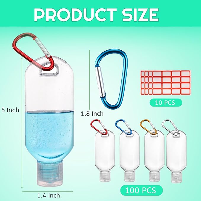 100PCS Value Empty Hand Sanitizer Bottles with Keychains, 2OZ Travel Bottle with Clips, Portable Travel Size Bottle Containers for Hand Sanitizer Holder with Lid - Leak Proof, Refillable,Empty