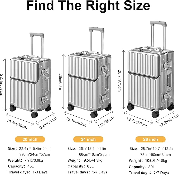 Carry on suitcase Zipperless Luggage,Polycarbonate Aluminum Hard Shell, Expandable Carry-On Suitcase with Spinner Wheels, 24 Inch Cabin