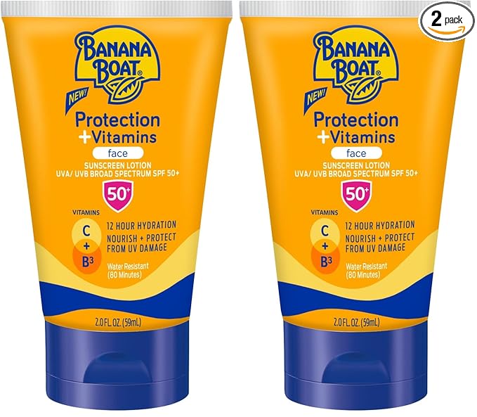 Banana Boat Protection + Vitamins Face Sunscreen Lotion SPF 50 | Travel Size Sunscreen for Face, Moisturizing with Vitamin C & Vitamin B3 Niacinamide, SPF 50 Sunblock Lotion, Fragrance Free, 2Fl Oz
