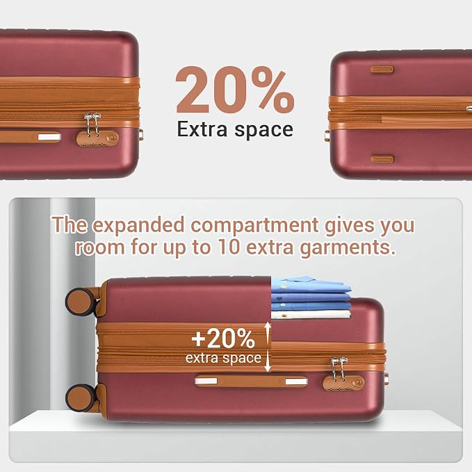 Kono Expandable 20 Inch Carry On Suitcase Airline Approved, Lightweight ABS+PC Hardshell Luggage with 360° Silent Spinner Wheels, Burgundy/Brown