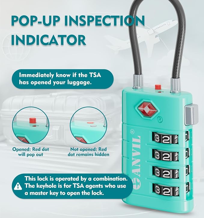 ANVIL TSA Approved Luggage Locks with Search Alert Indicator, 4-Digit Combination Suitcase Lock, Advanced TSA008 Core Heavy Duty Anti-Theft Travel Lock for Double Zippers, Backpacks