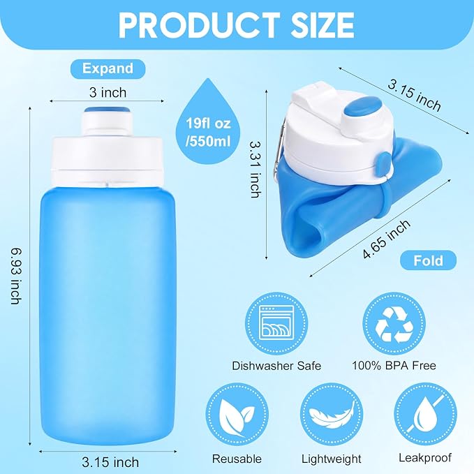 LemonRoad 2 Pcs 19 oz Silicone Collapsible Water Bottle Portable Foldable Water Bottle Leakproof with Carabiner Reusable Lightweight for Travel Sport Hiking Camping Cycling Office(Pink Blue)